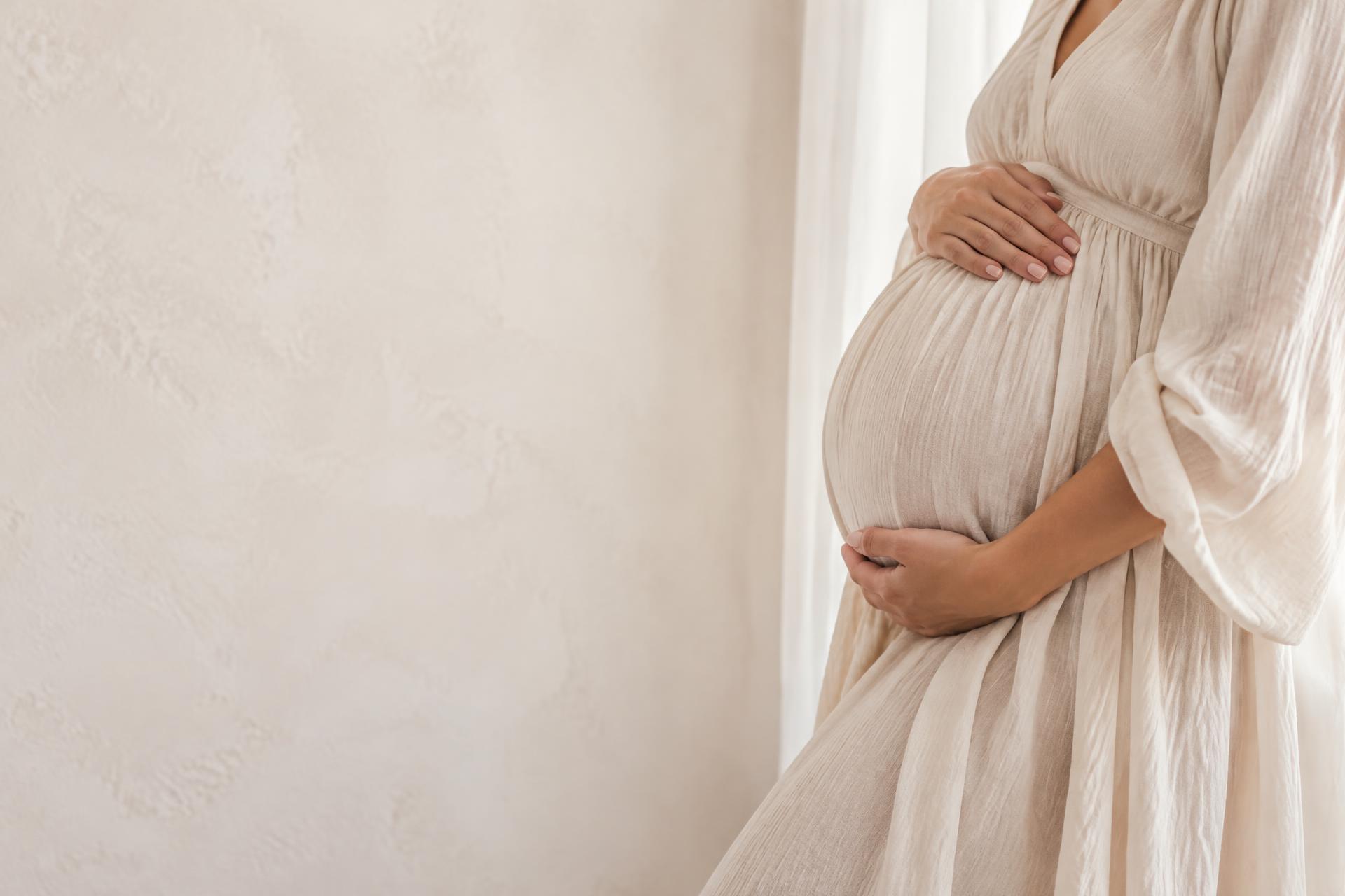 Detalhe das mãos de uma gestante acolhendo sua barriga